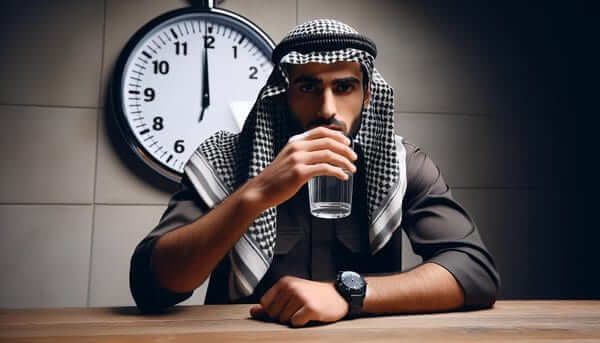 A person with a glass of water fasting and abstaining from drugs before a saliva test