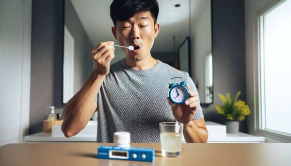 A man sighs before taking at-home mouth swab drug test after waiting for 48 hours