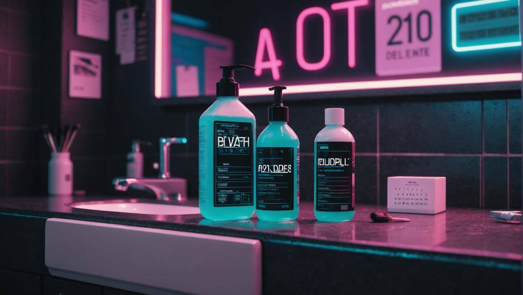A range of hair care shampoo bottles on a bathroom counter with neon lighting in the background, possibly suited for best hair drug test shampoo.