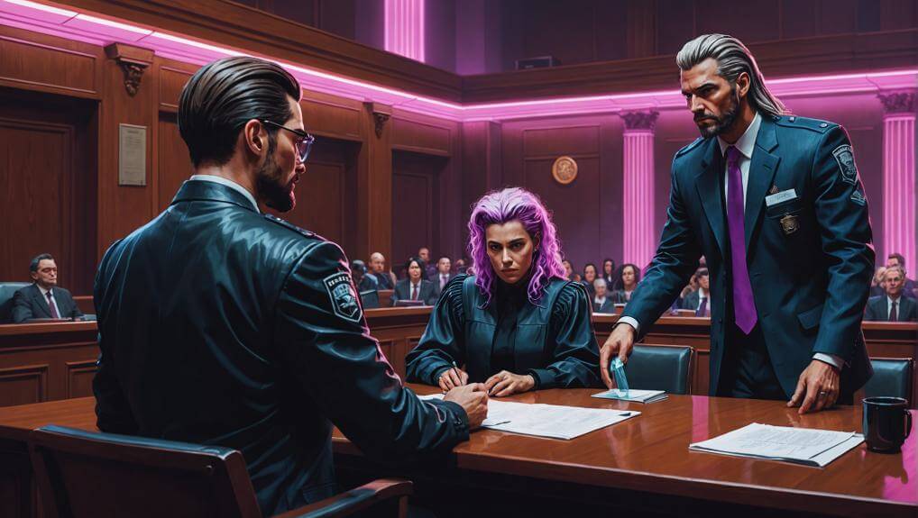 Illustration of people in a courtroom with an official presenting a document, possibly related to a court ordered hair follicle drug test scenario.