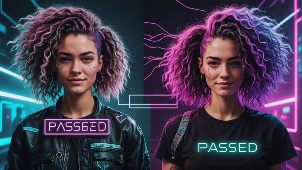 Split image showing the same person before and after, left side with a 'PASSED' sign in purple, suggesting success with the Macujo method, and right side with a 'PASSED' sign in green on her shirt in a neon-lit setting, illustrating a positive outcome.