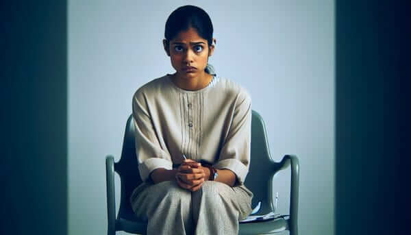 A woman sitting in the waiting room looking sad because of the failed saliva drug test