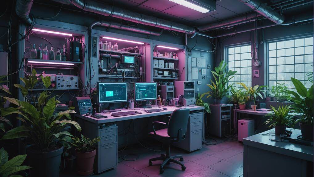 Modern hair drug test laboratory interior with computers, scientific equipment, and potted plants illuminated by pink neon lights.