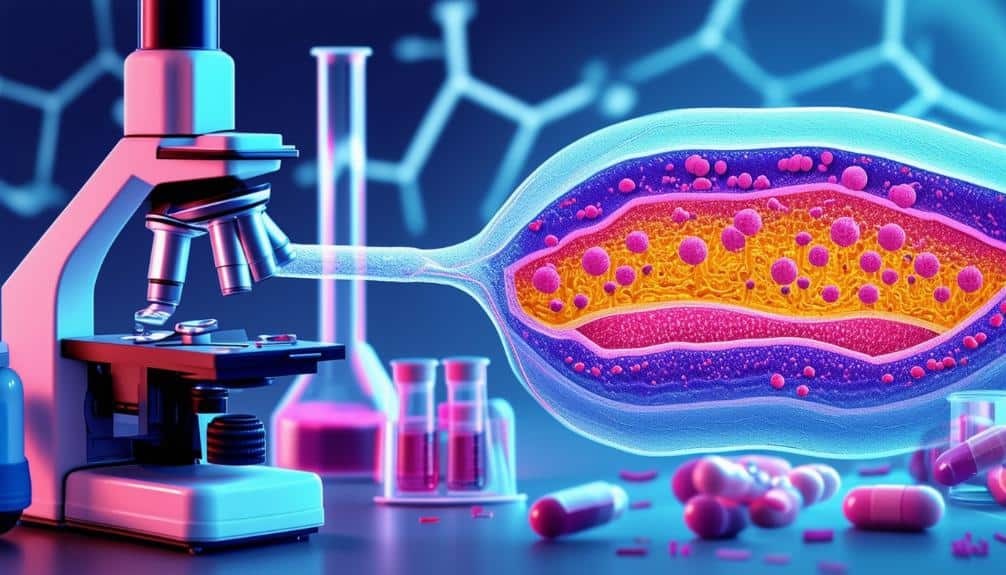 Illustration depicting a hair follicle under the examination of a microscope, with a background concept relating to a hair follicle drug test, surrounded by scientific equipment and capsules.