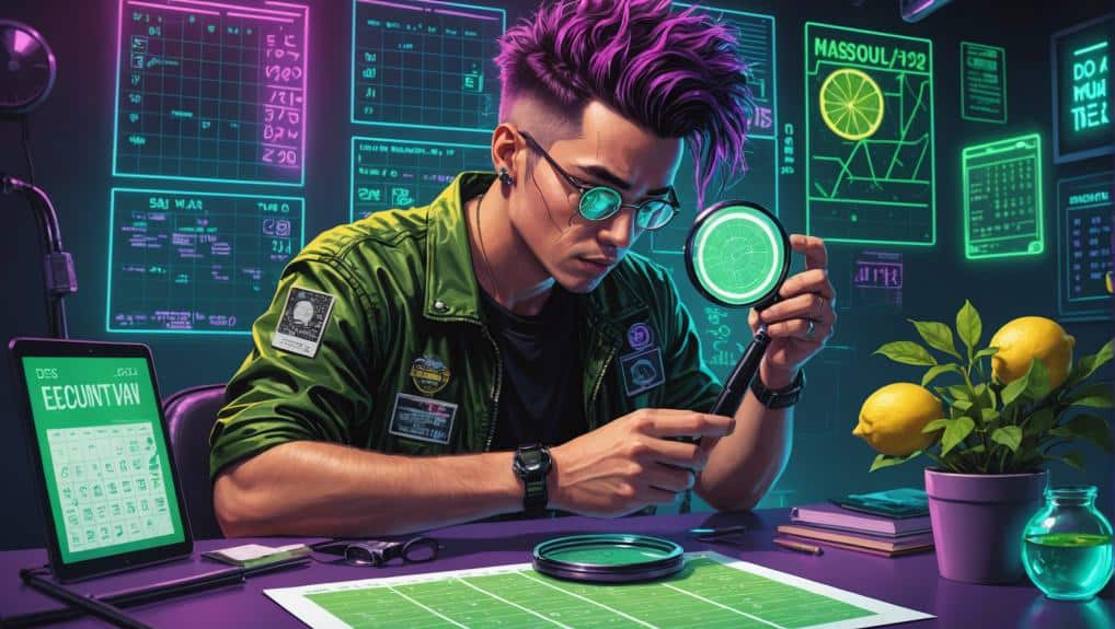 Illustration of a focused individual with purple hair and green bomber jacket analyzing documents with a magnifying glass, in a high-tech office setting surrounded by digital screens, potentially symbolizing the meticulous research involved in the Jerry G method to pass a hair drug test.