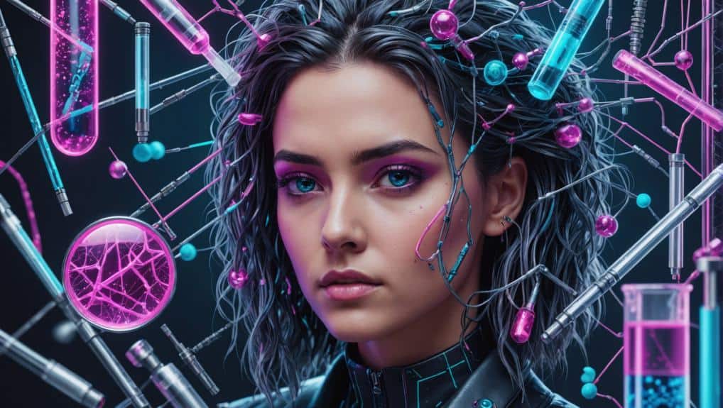 Digital artwork of a woman surrounded by scientific and surreal elements, possibly metaphorical for the Jerry G method to pass a hair test.