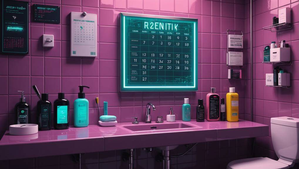 Bathroom interior showcasing a variety of Jerry G Method products on a pink countertop under neon lights.