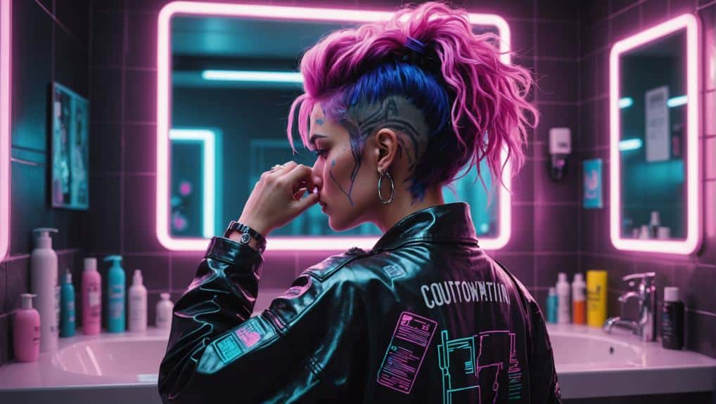 Woman with colorful hair standing in a neon-lit bathroom, possibly considering hair care methods, not related to Jerry G method for passing hair tests.