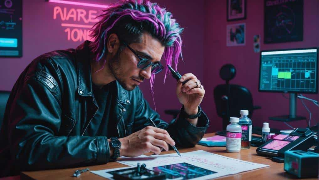 Person with purple-streaked hair working at a desk with hair treatment products, possibly researching the Jerry G method to pass a hair test.