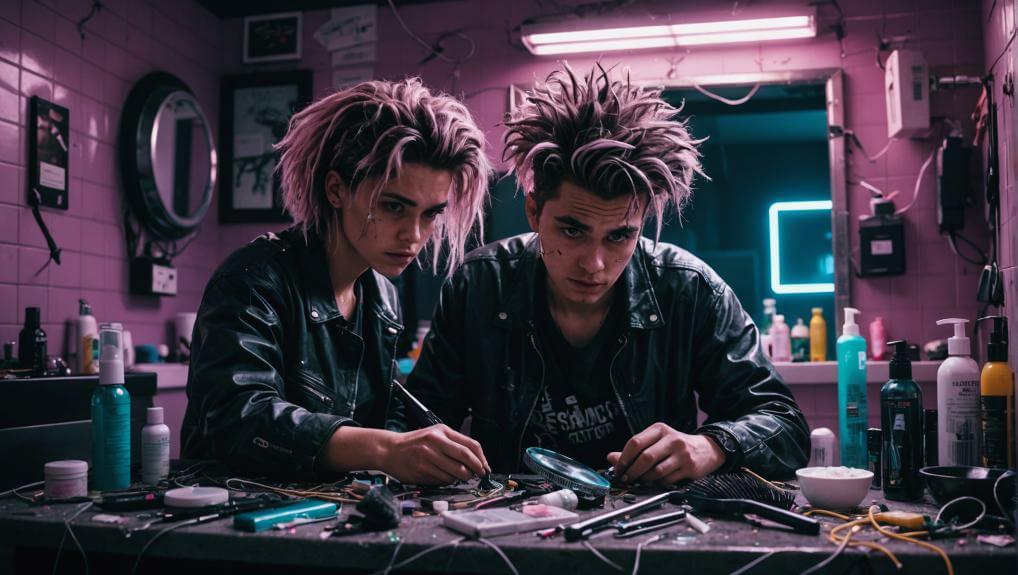 Two people with unique hairstyles working with electronic gadgets in a hair salon filled with various hair care products, suggesting a creative take on macujo method alternatives.
