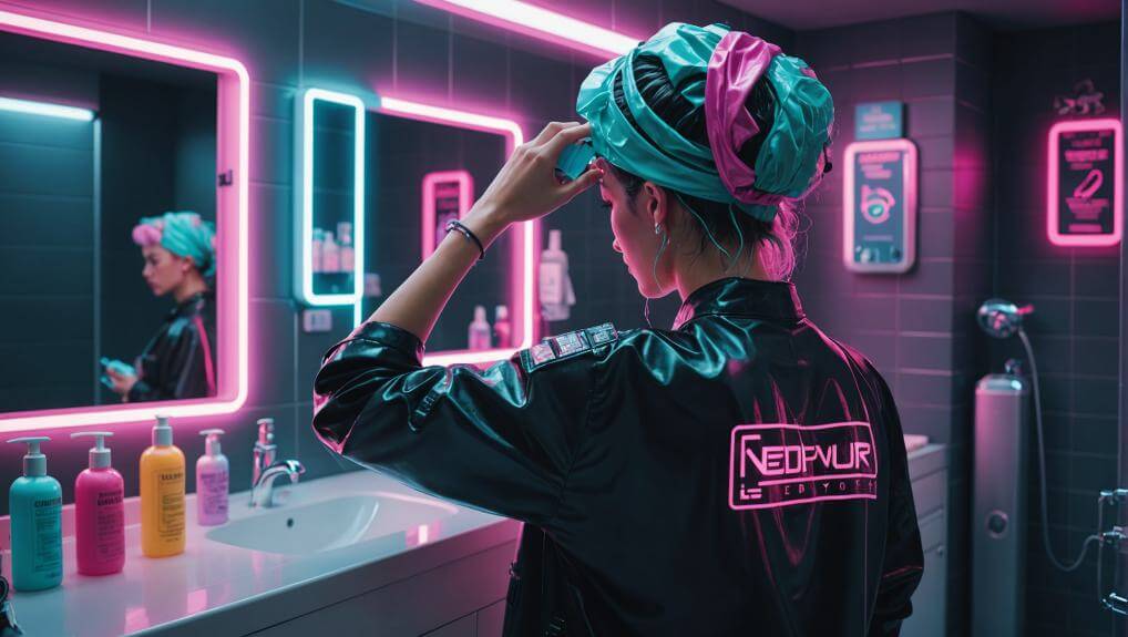 Woman in bathroom preparing for Macujo method with hair wrapped in a shower cap, surrounded by hair care products, neon lights in background.