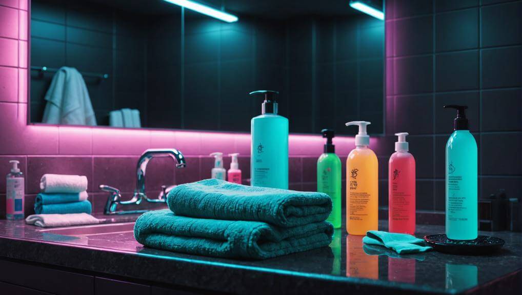 Assortment of bottles and products on a bathroom counter possibly used in the Macujo method, alongside folded teal towels and a rubber glove, with neon lighting.