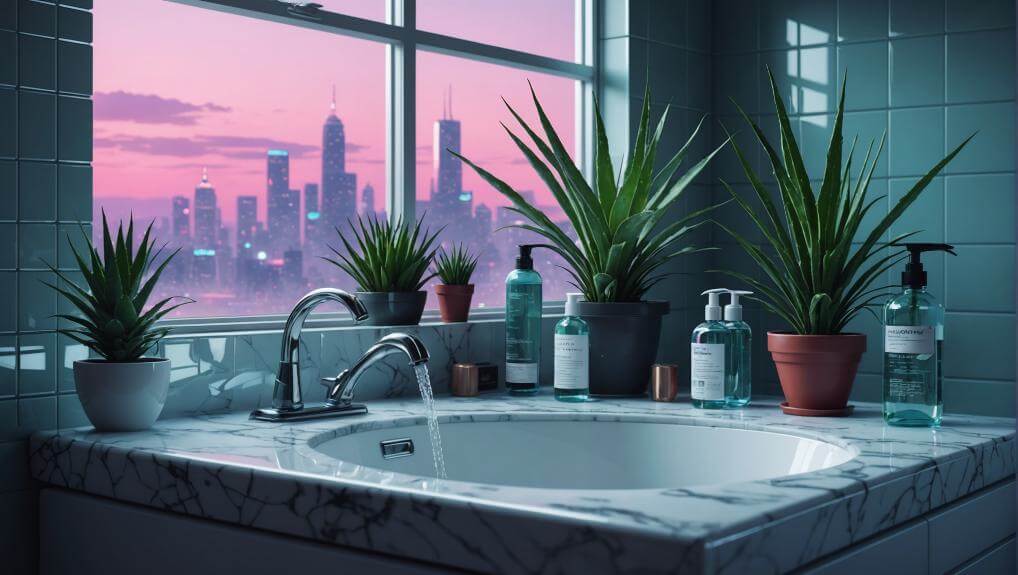Bathroom sink and countertop at twilight with various personal care products resembling possible Macujo method products, flanked by potted plants and a cityscape visible through the window.