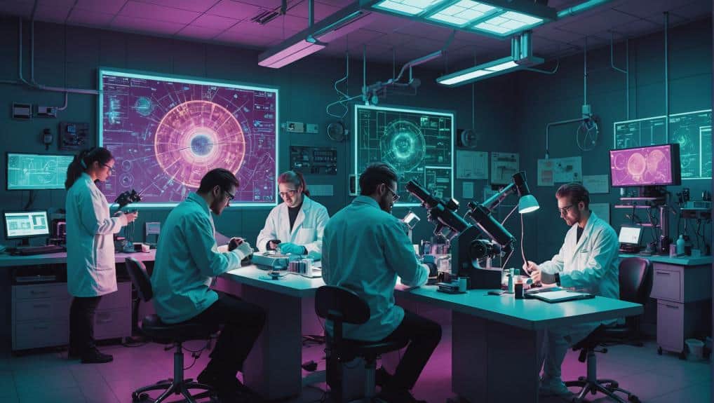 A team of scientists conducting research in a futuristic laboratory, potentially reviewing the Macujo method or a similar detoxification process.