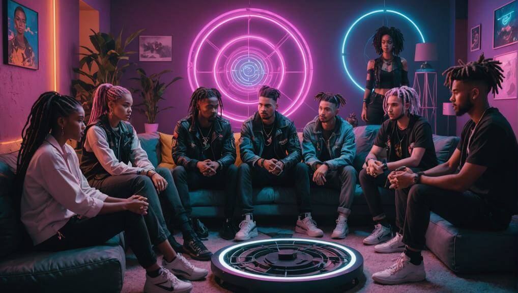A diverse group of young adults sitting in a stylish room with neon lights, possibly sharing experiences and reviews about the Macujo method.