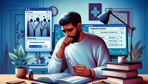 Illustration of a man with an open book and a computer studying mouth swab drug test home remedies