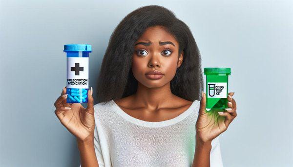 A woman holding a bottle of prescription medication in one hand and a drug test collection cup in another hand looking worried