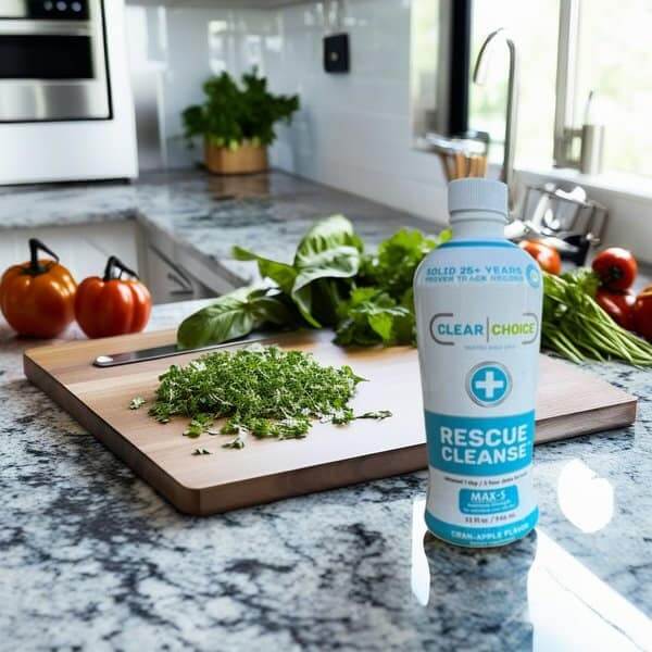 Rescue Cleanse bottle in the kitchen