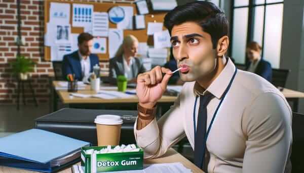 An employee chewing saliva detox gum to prepare for a mouth swab drug test