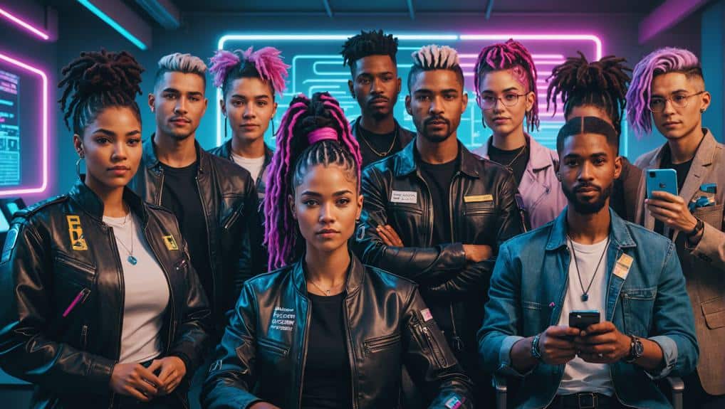 Group of diverse people with stylish hairstyles standing confidently in a room with neon lights, which might resemble an online discussion about the Jerry G method to pass a hair test based on Reddit reviews.